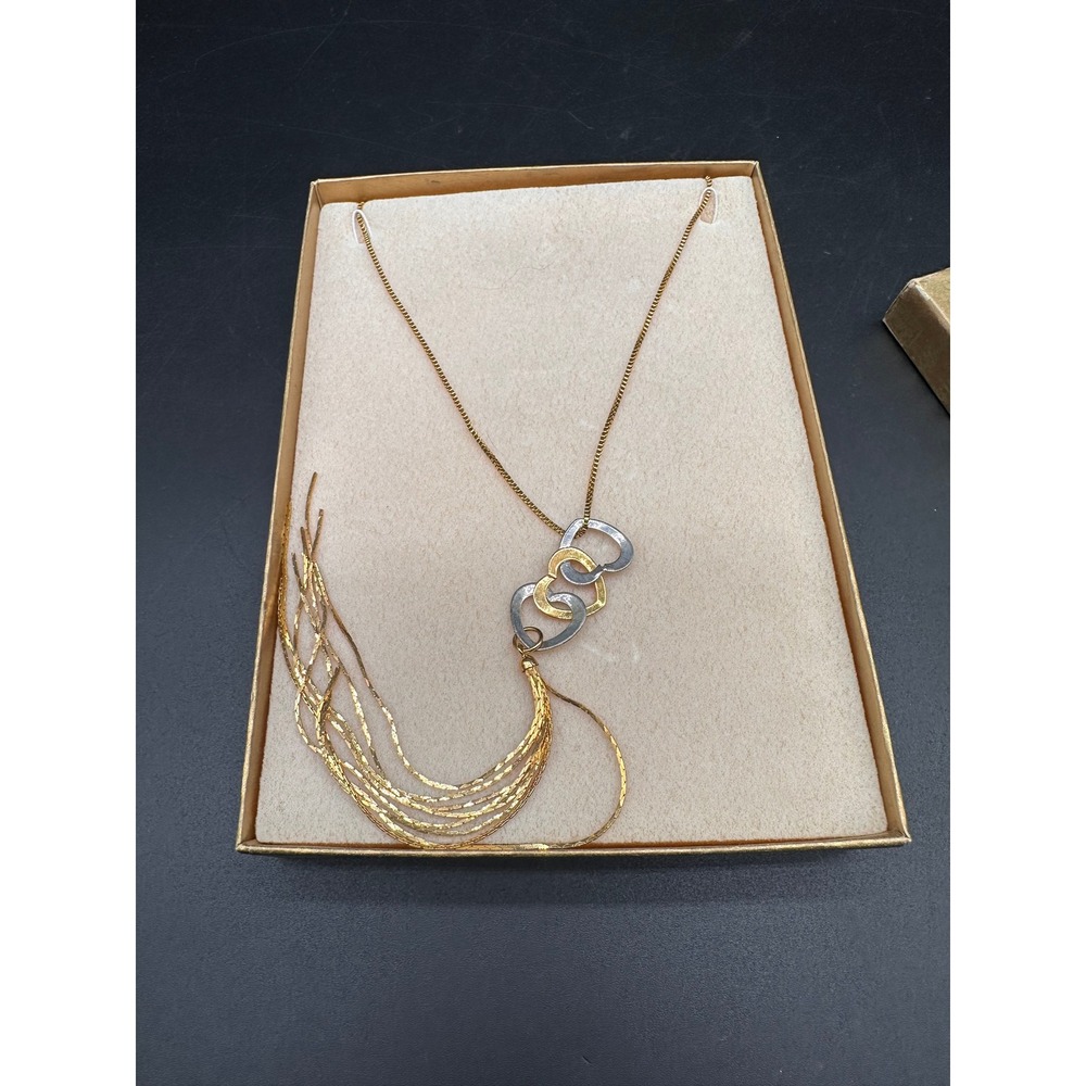 Vintage Interlocking Hearts Tassel Necklace Gold Silver Tone Box Chain - Picture 6 of 7